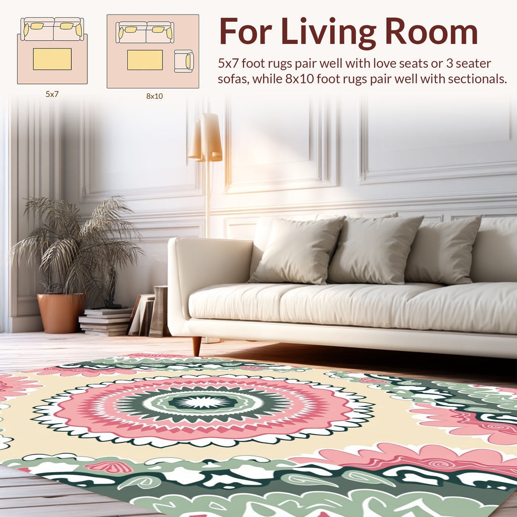 Mandala Inspired Pink Green Medallion Pattern Rug