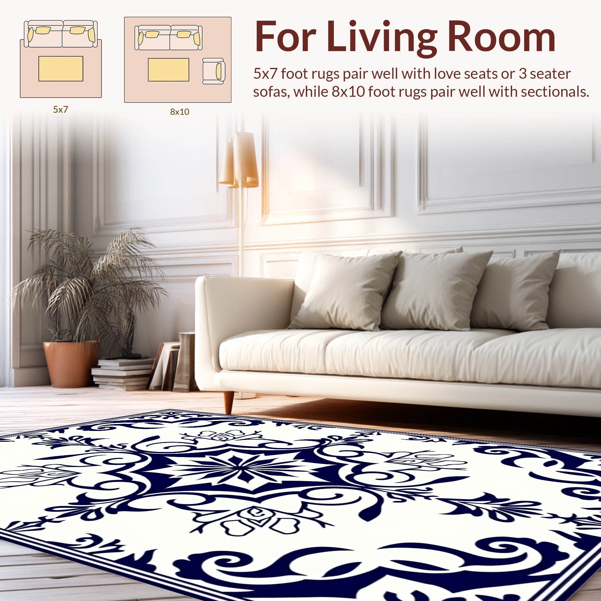 Navy Blue Vintage Floral Pattern Rug