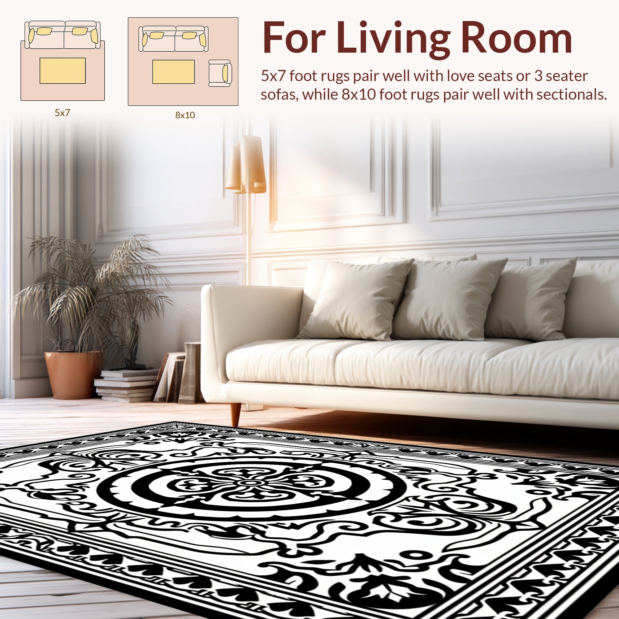 Intricate Black Scrollwork Mandala Design Rug