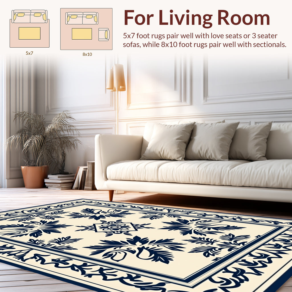 Classic Blue Cream Floral Medallion Rug