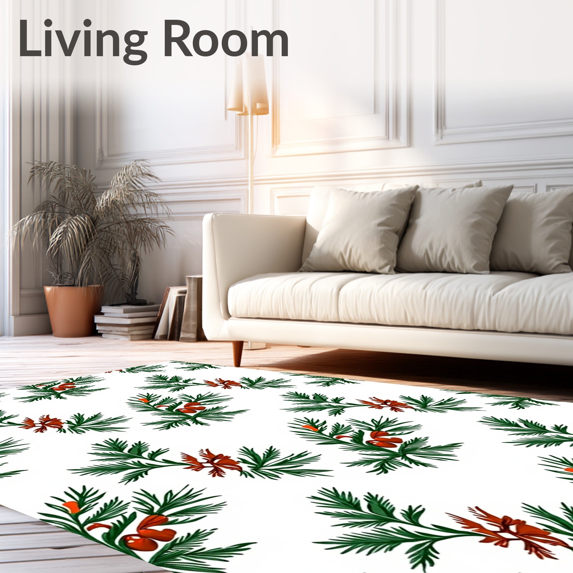 Green Pine Sprigs Red Berries Rug