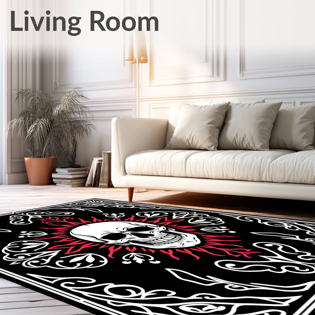 White Skull Radiant Sun Black Border Rug