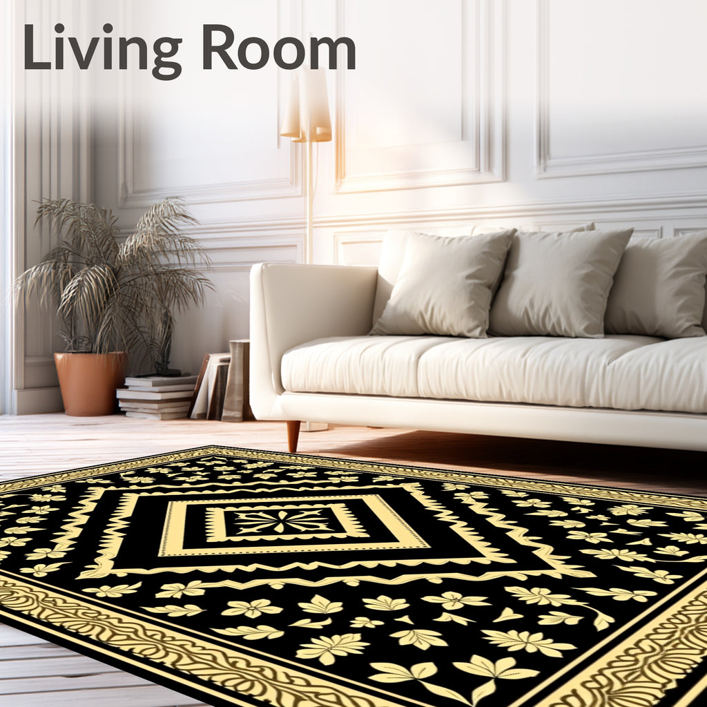 Black Gold Floral Medallion Design Rug