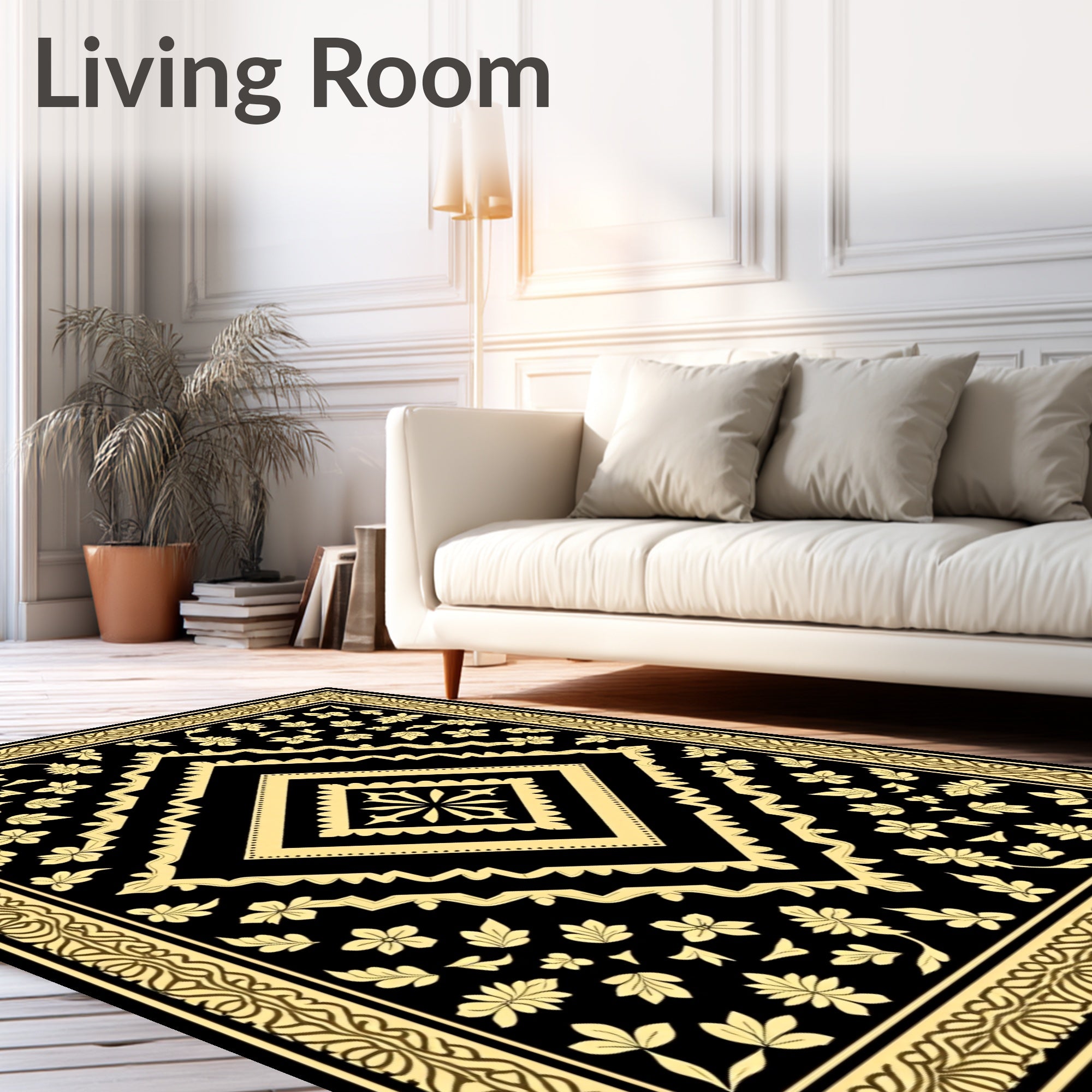 Black Gold Floral Medallion Design Rug