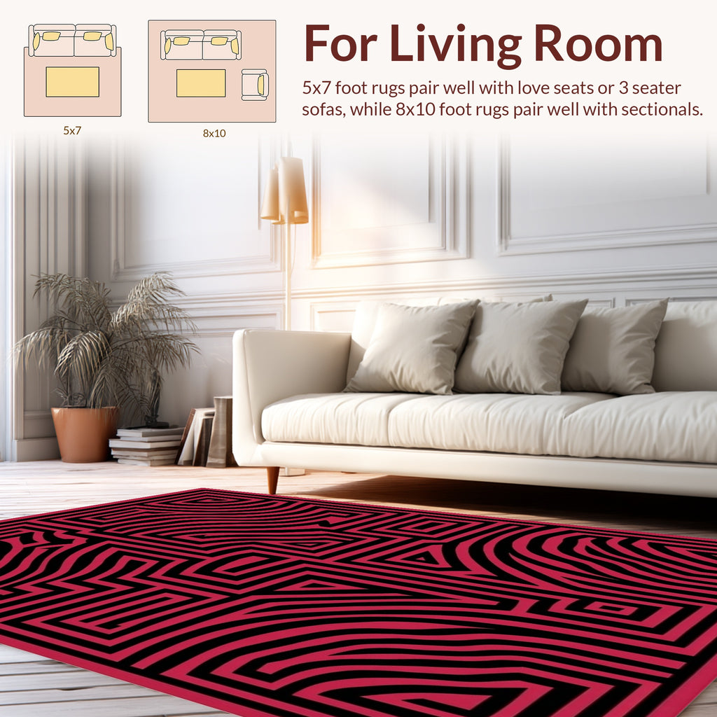 Bold Black Red Maze Pattern Rug