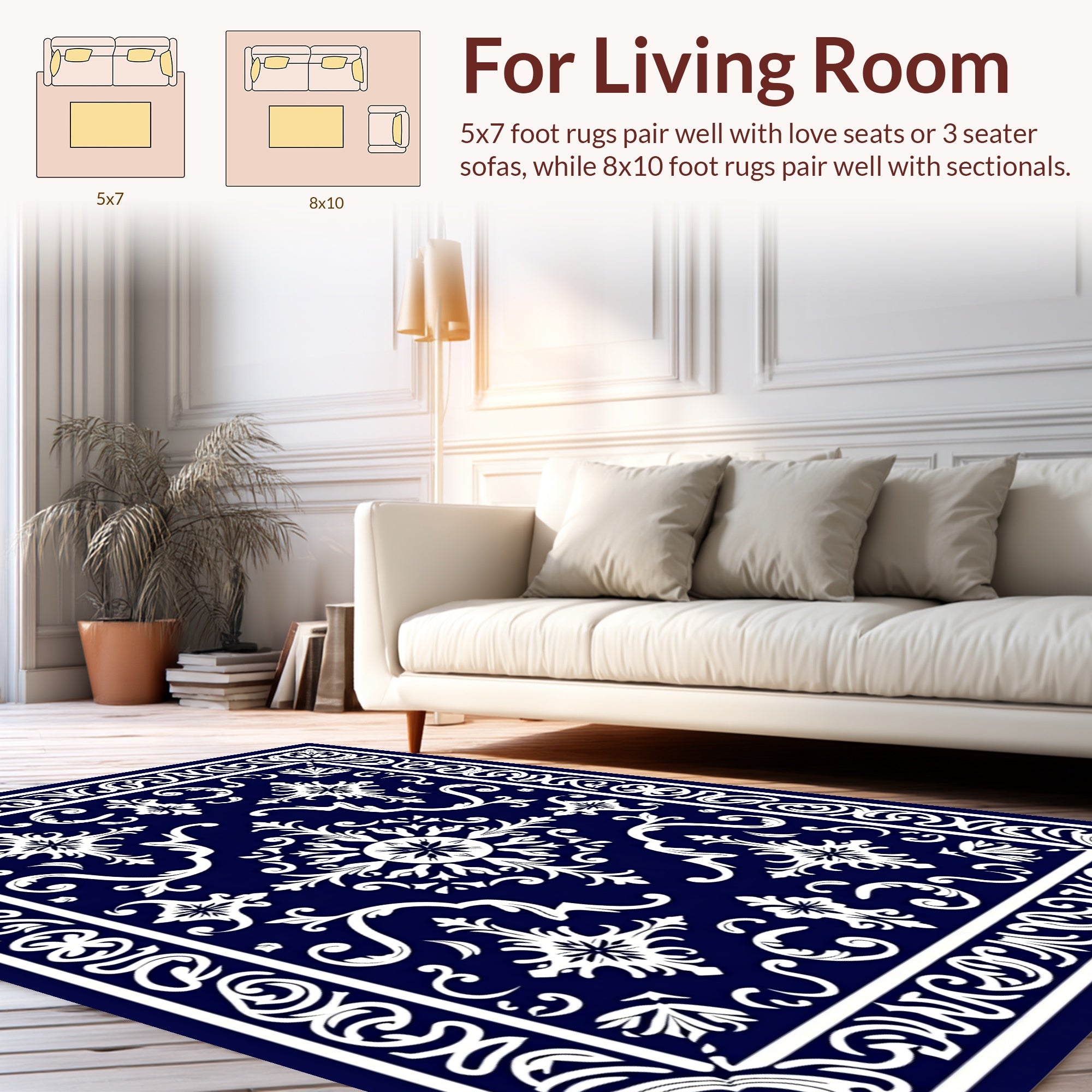 Navy White Intricate Floral Pattern Rug