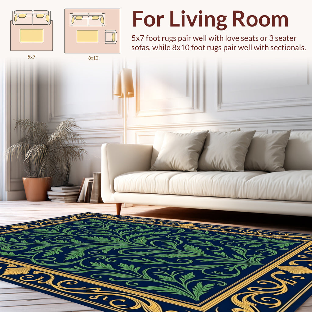 Ornate Green Foliage Gold Border Rug