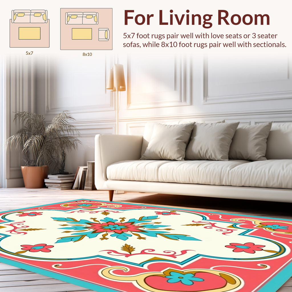 Coral Pink Teal Floral Medallion Rug