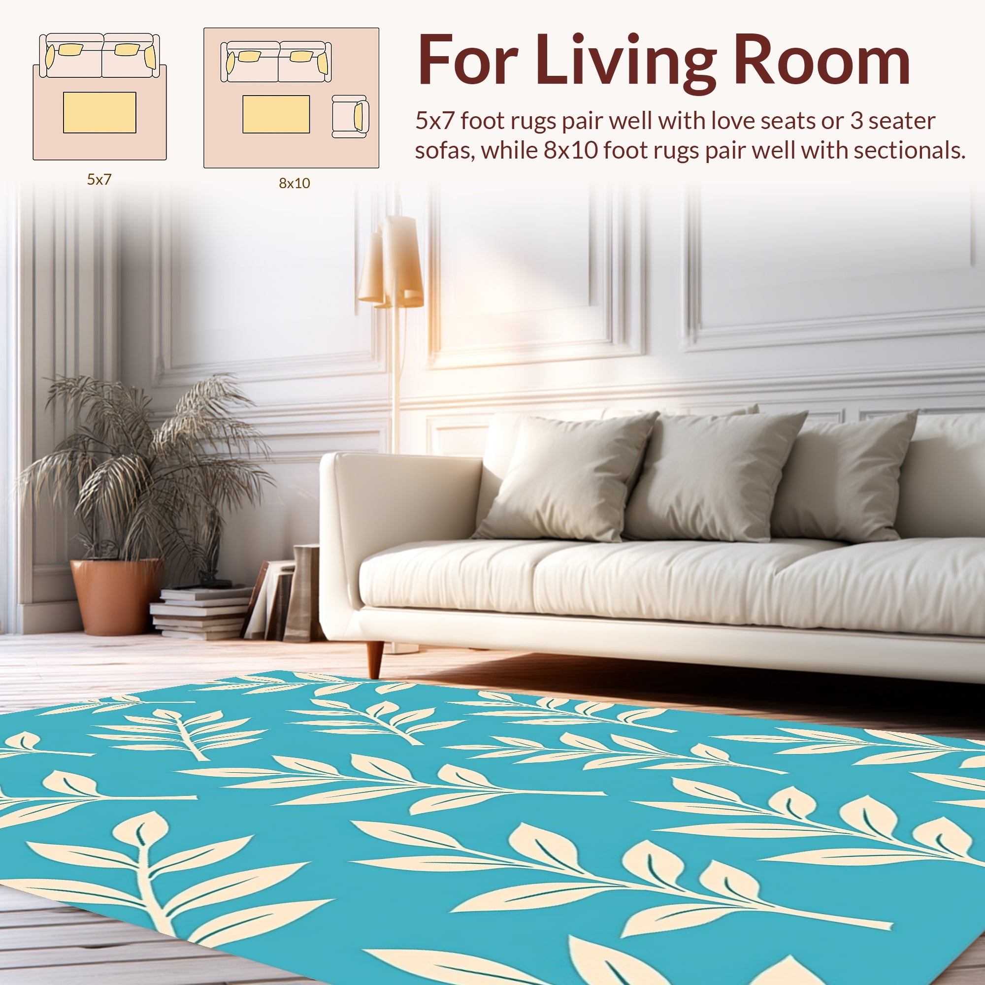 Serene Blue Cream Leaf Pattern Rug