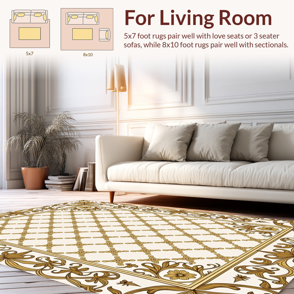 Ornate Gold Lattice Floral Border Rug