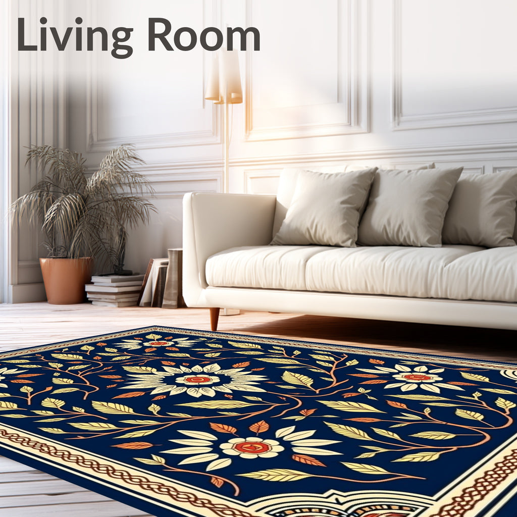 Deep Blue Floral Vine Medallion Rug