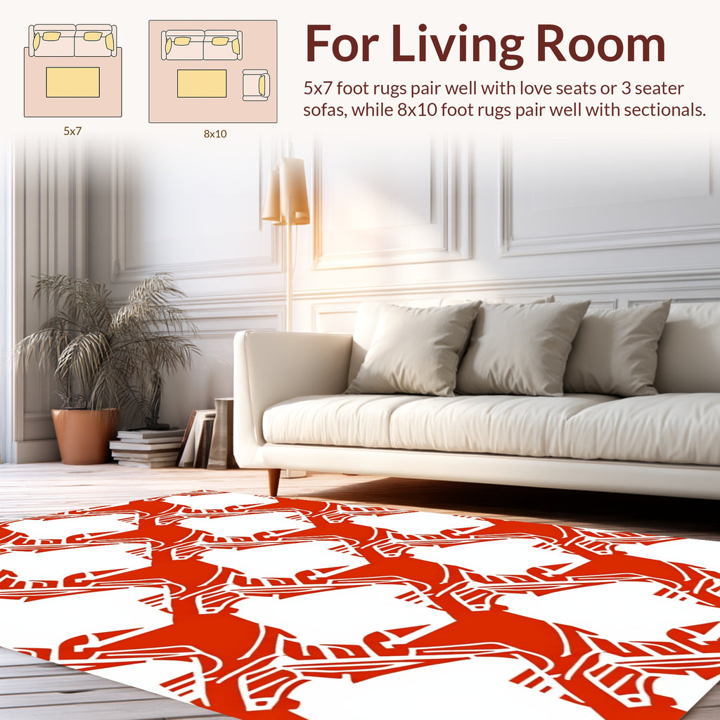 Bold Red White Geometric Bird Pattern Rug