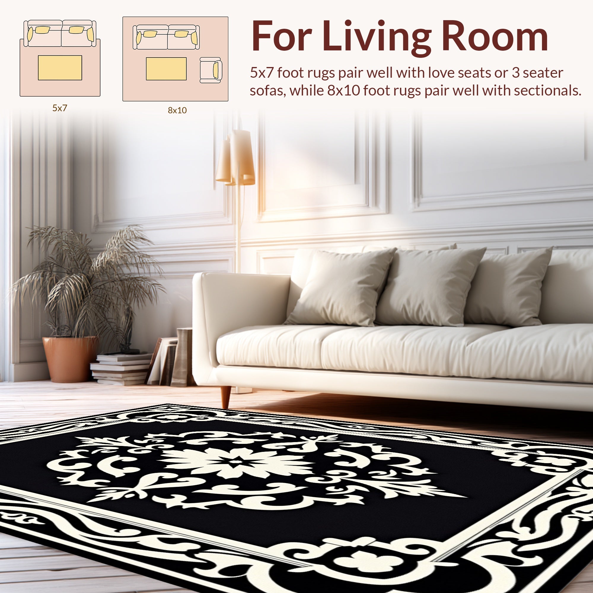Classic Black and White Floral Pattern Rug