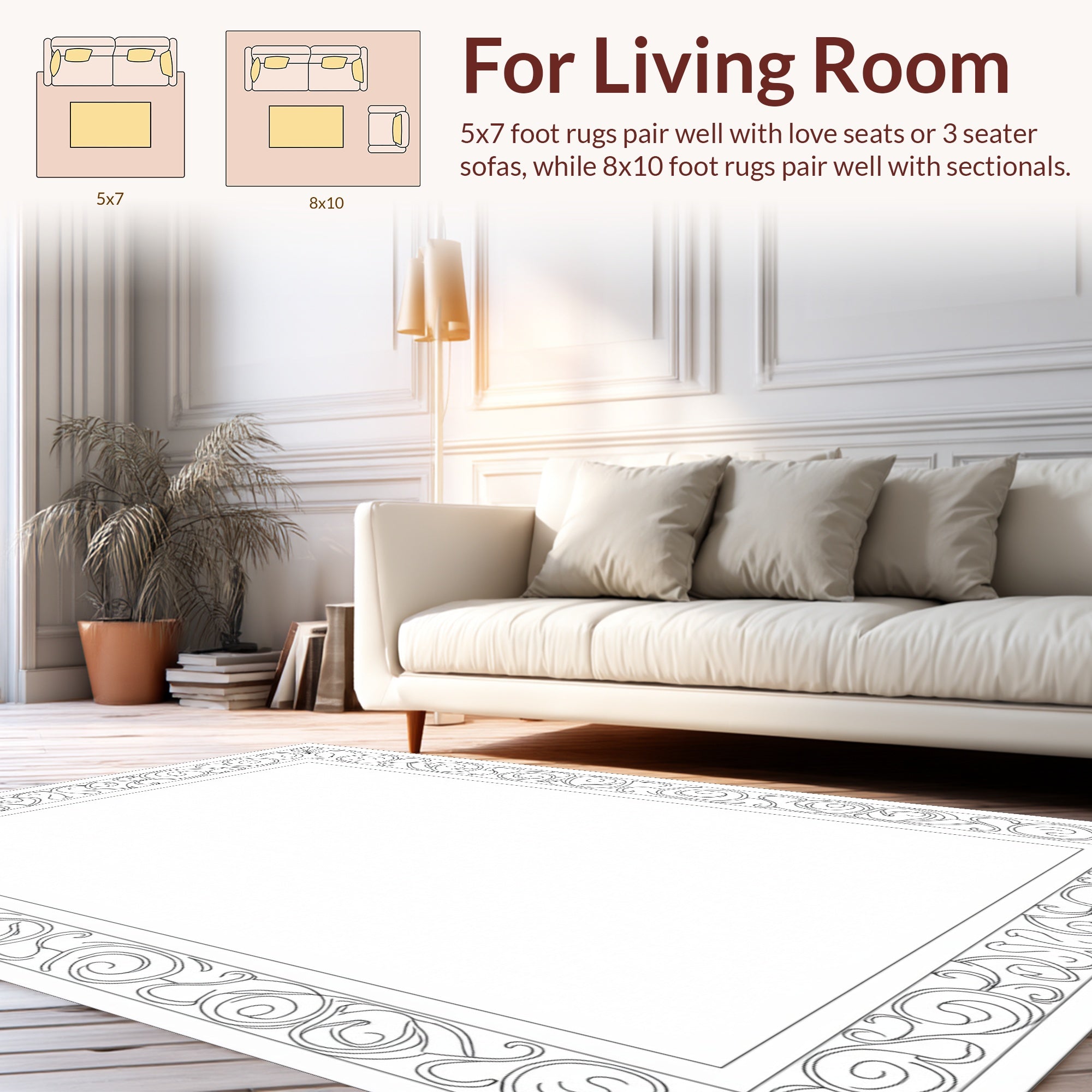 Black And White Scroll Border Design Rug