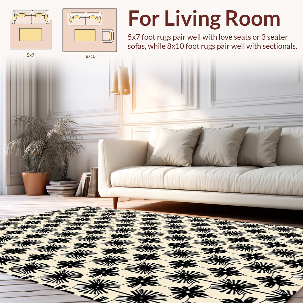 Art Deco Black Starburst Floral Pattern Rug