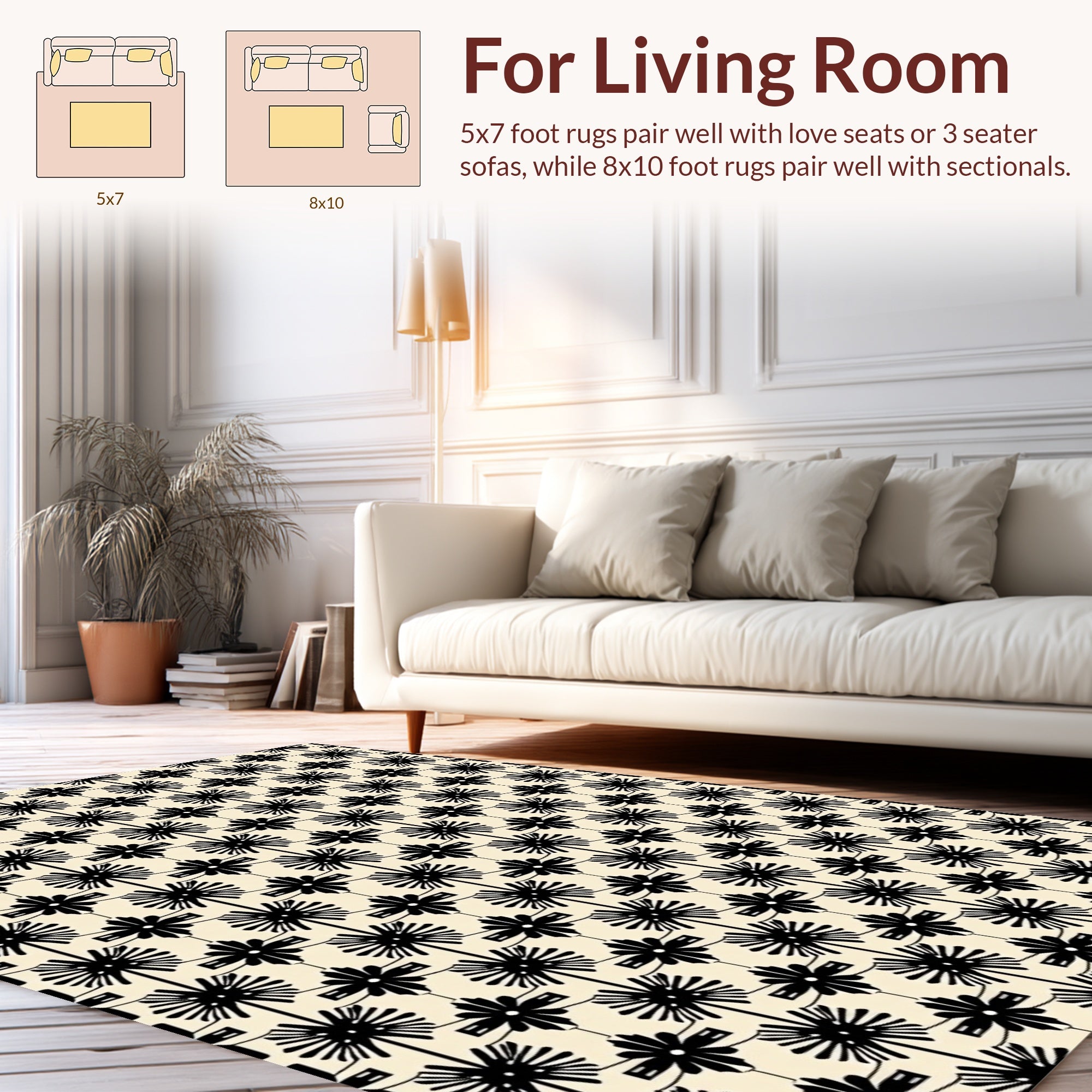 Art Deco Black Starburst Floral Pattern Rug