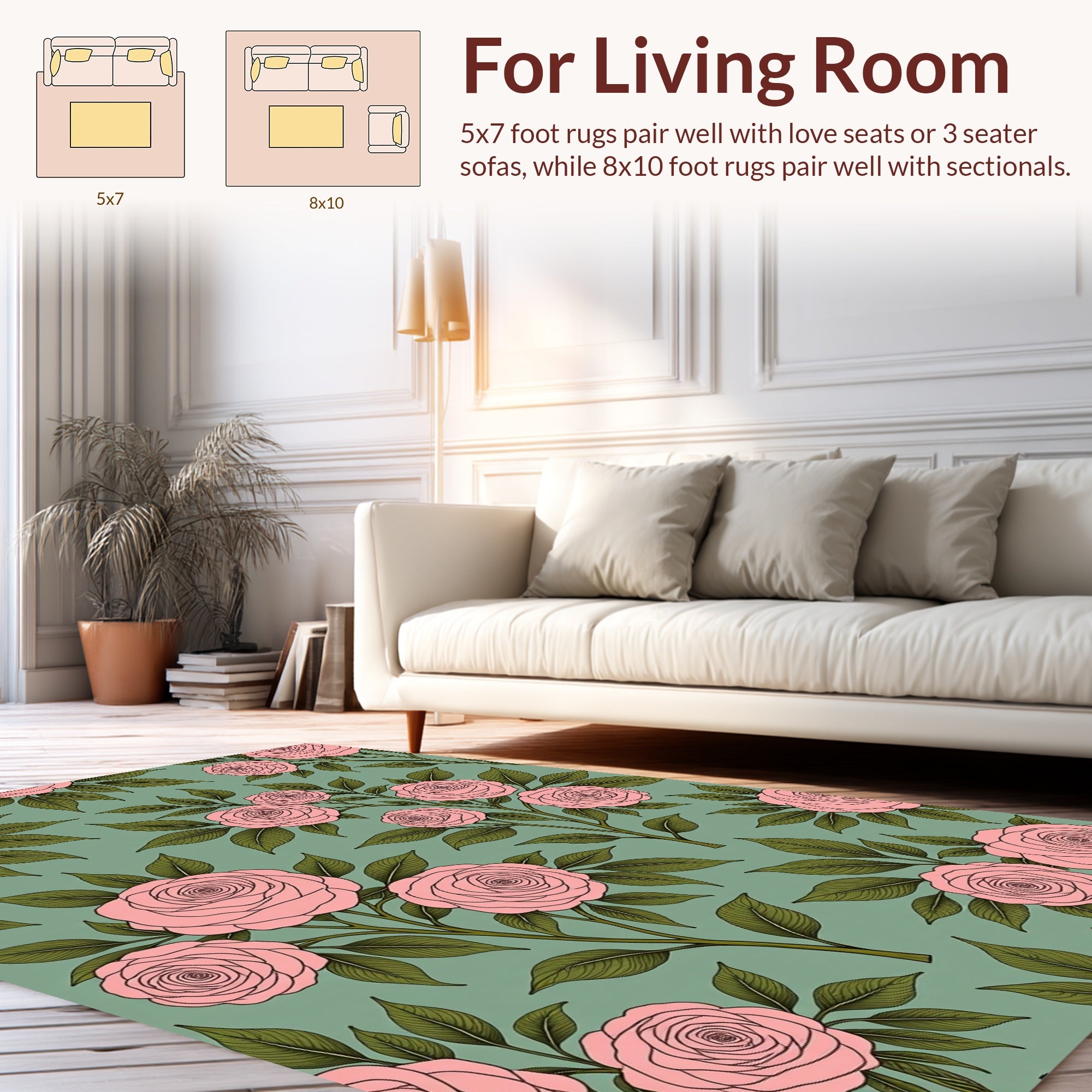 Pink Rose Floral Branch Pattern Rug