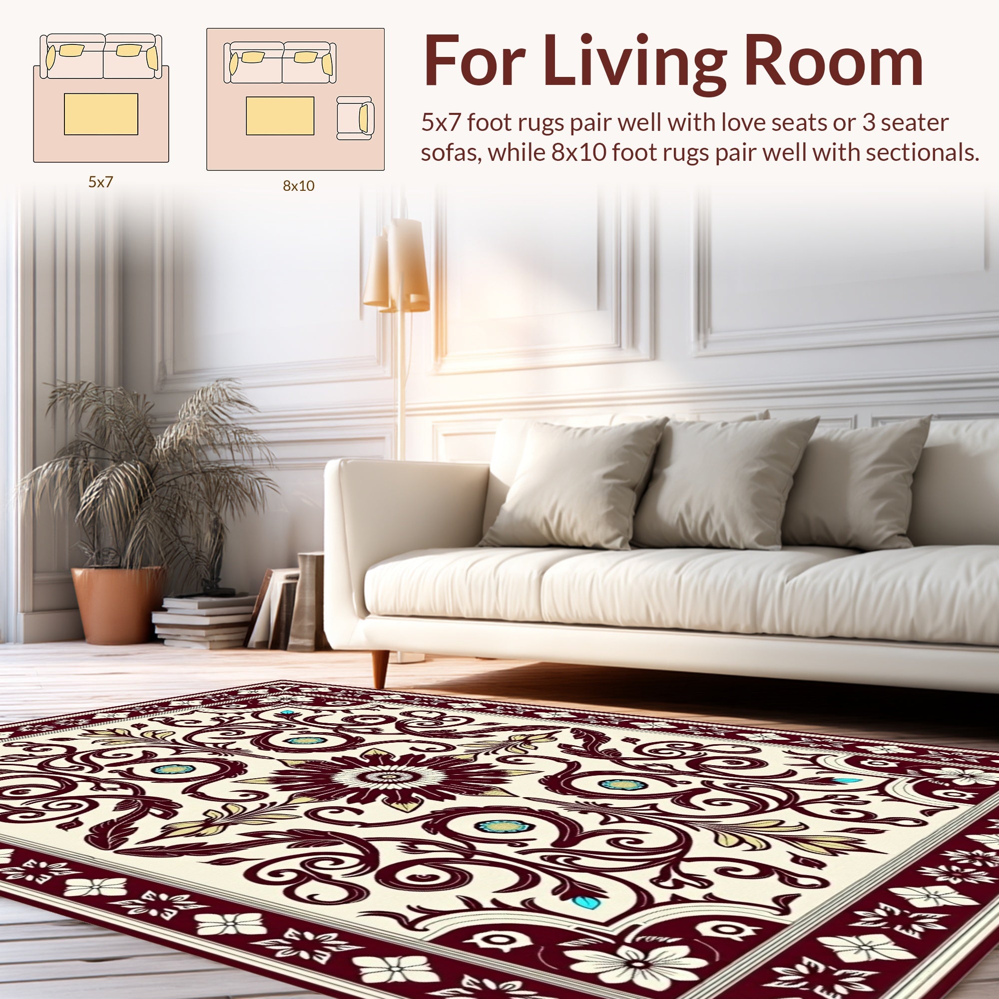 Maroon Floral Scrollwork Vintage Design Rug