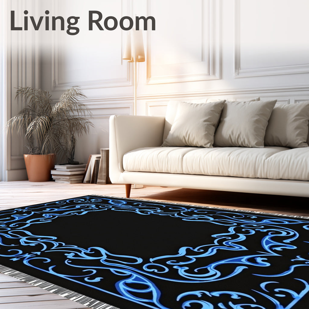 Electric Blue Ornate Scrollwork Rug