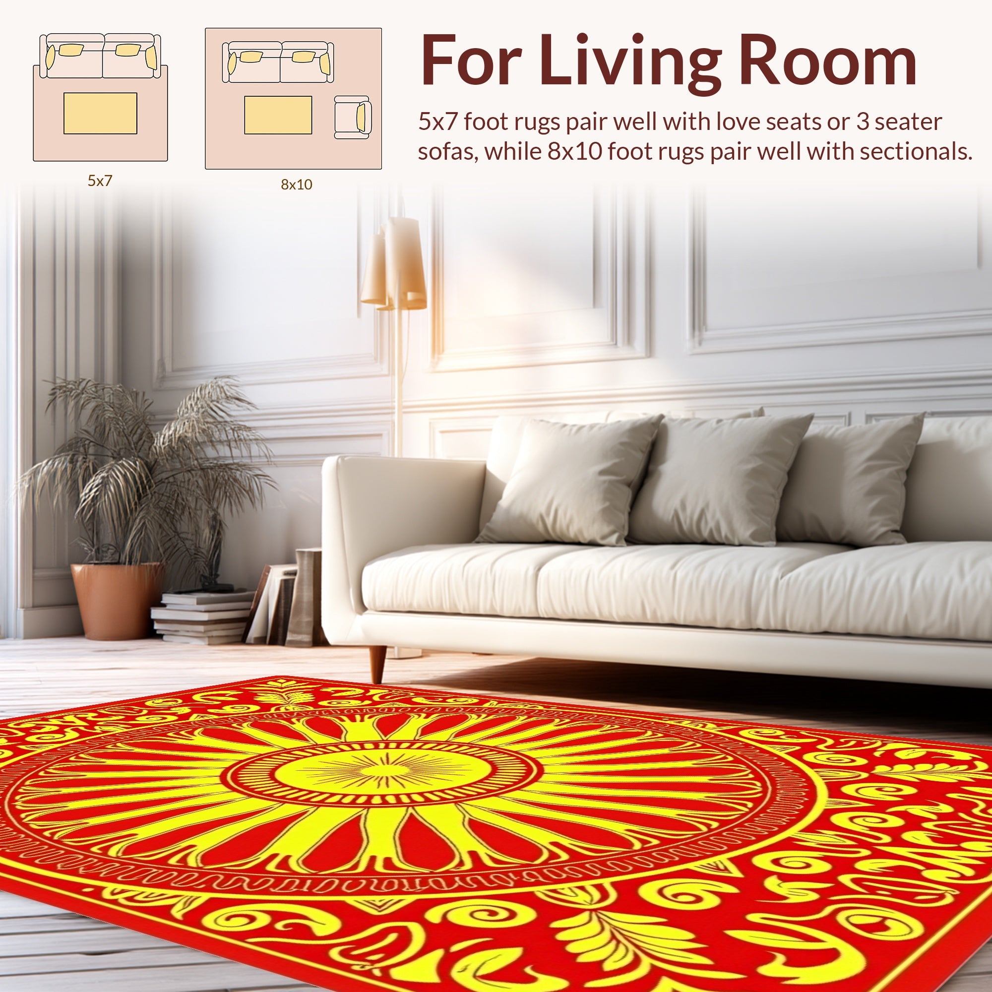 Vibrant Red Yellow Sunburst Mandala Rug