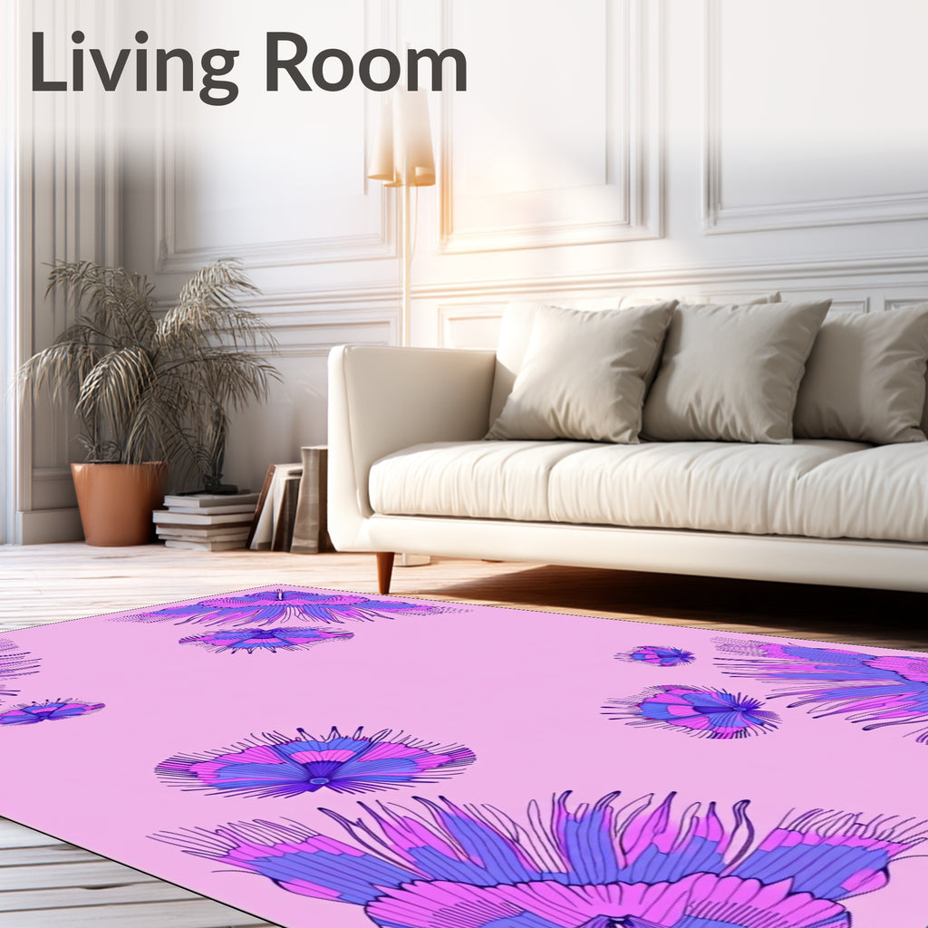Pink Blue Feathered Floral Accents Rug