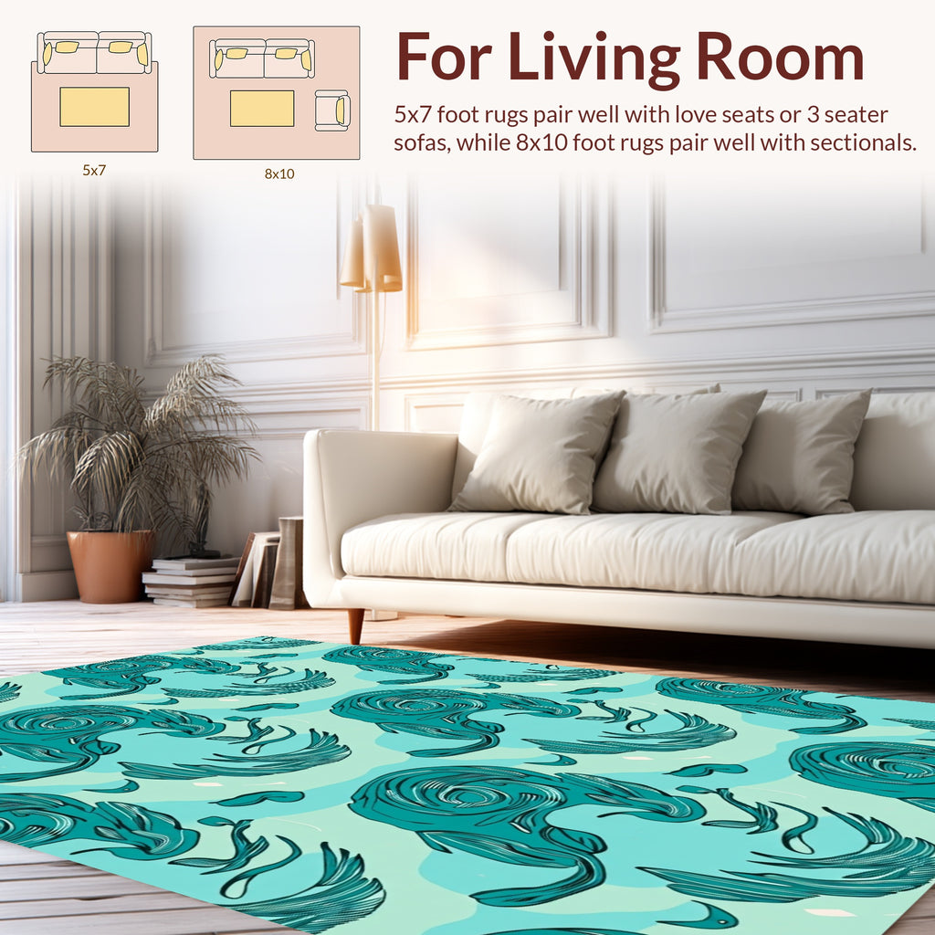 Abstract Teal Swirl Feather Design Rug