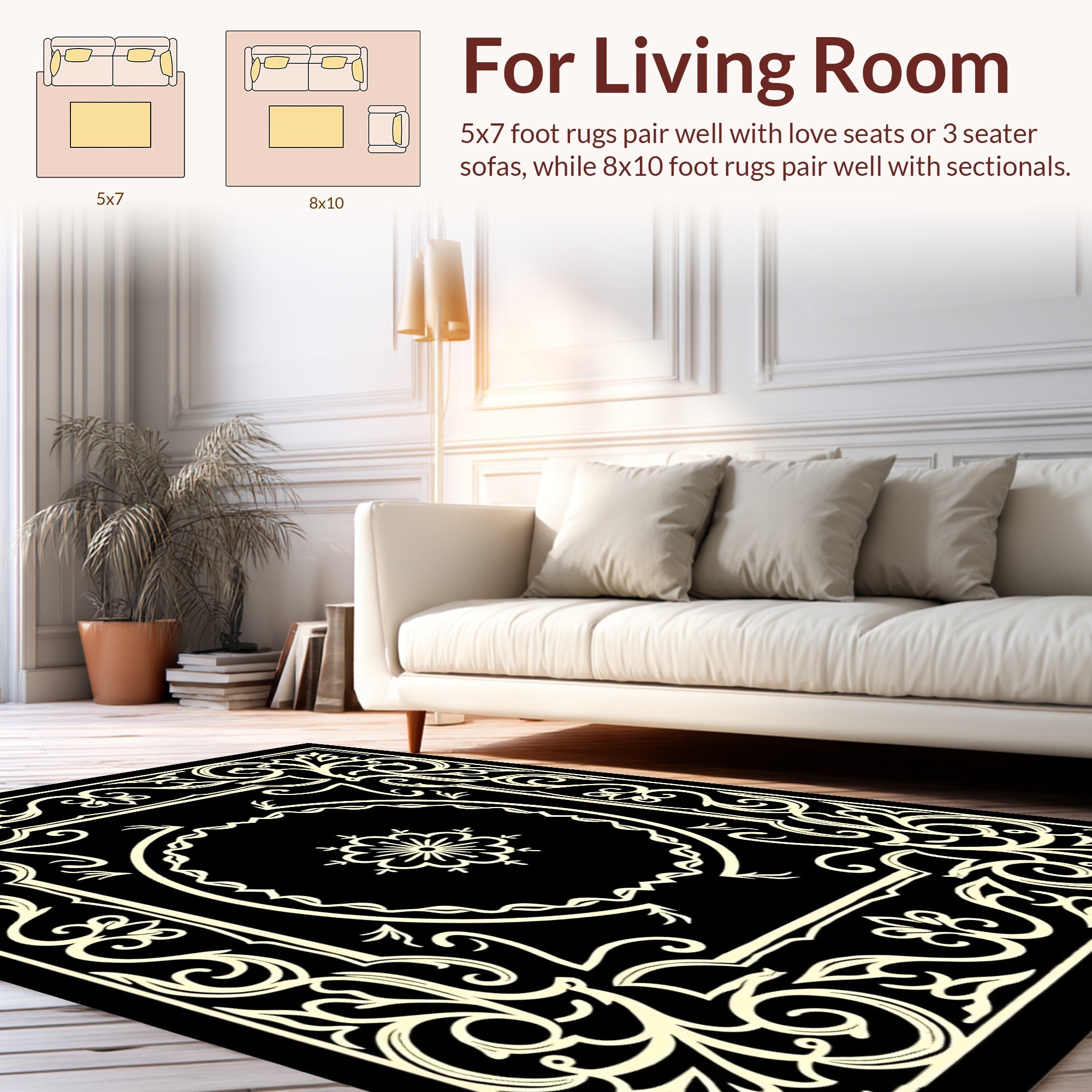 Ornate Floral Black Cream Scroll Rug
