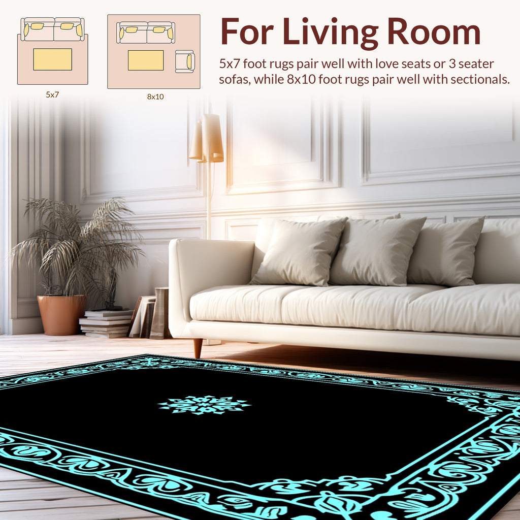 Ornate Cyan Floral Tassel Frame Rug