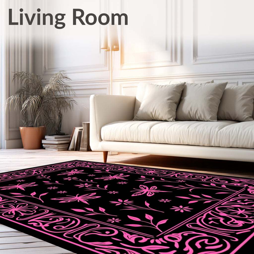 Vibrant Pink Dragonfly Floral Border Rug