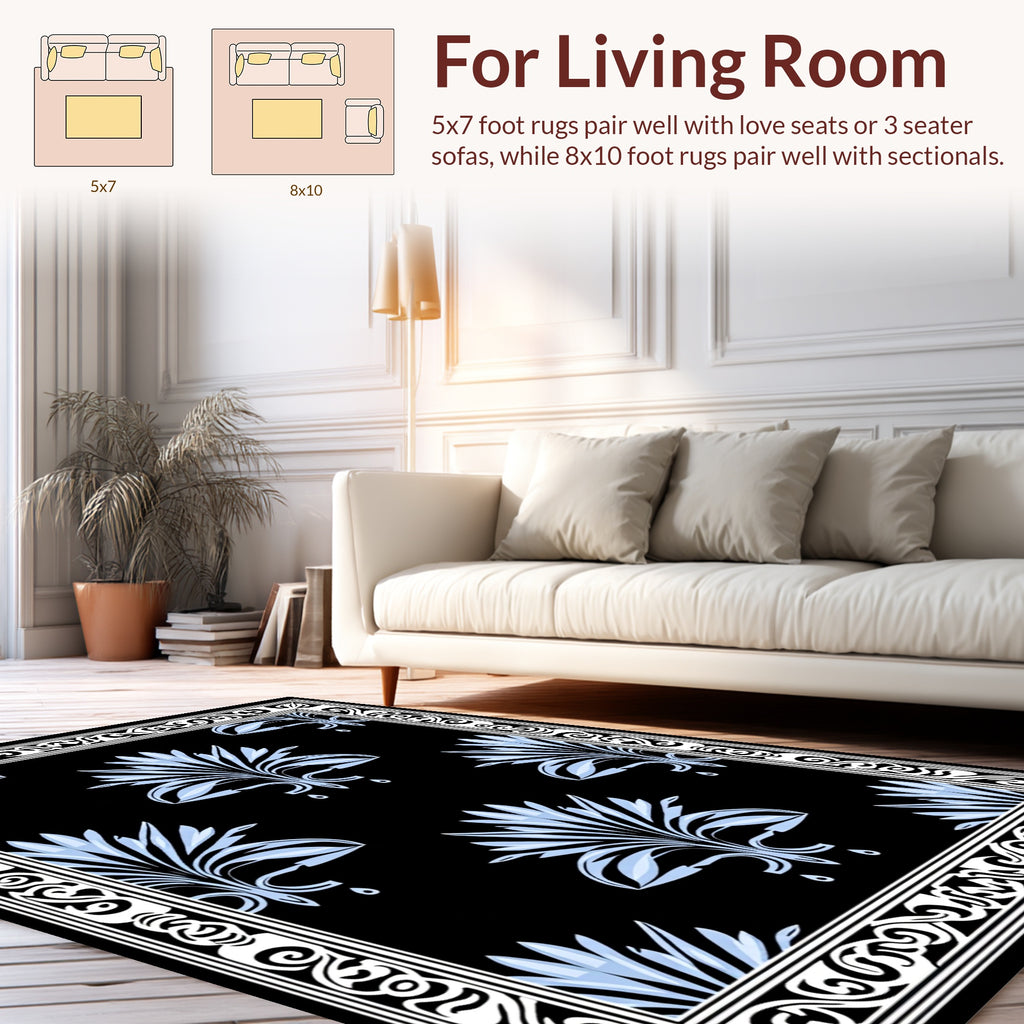 Art Deco Floral Patterned Black Rug