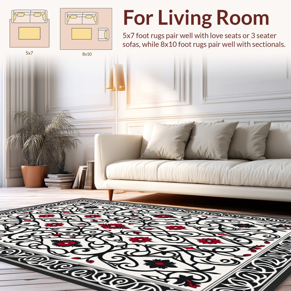 Black Red Floral Arabesque Design Rug