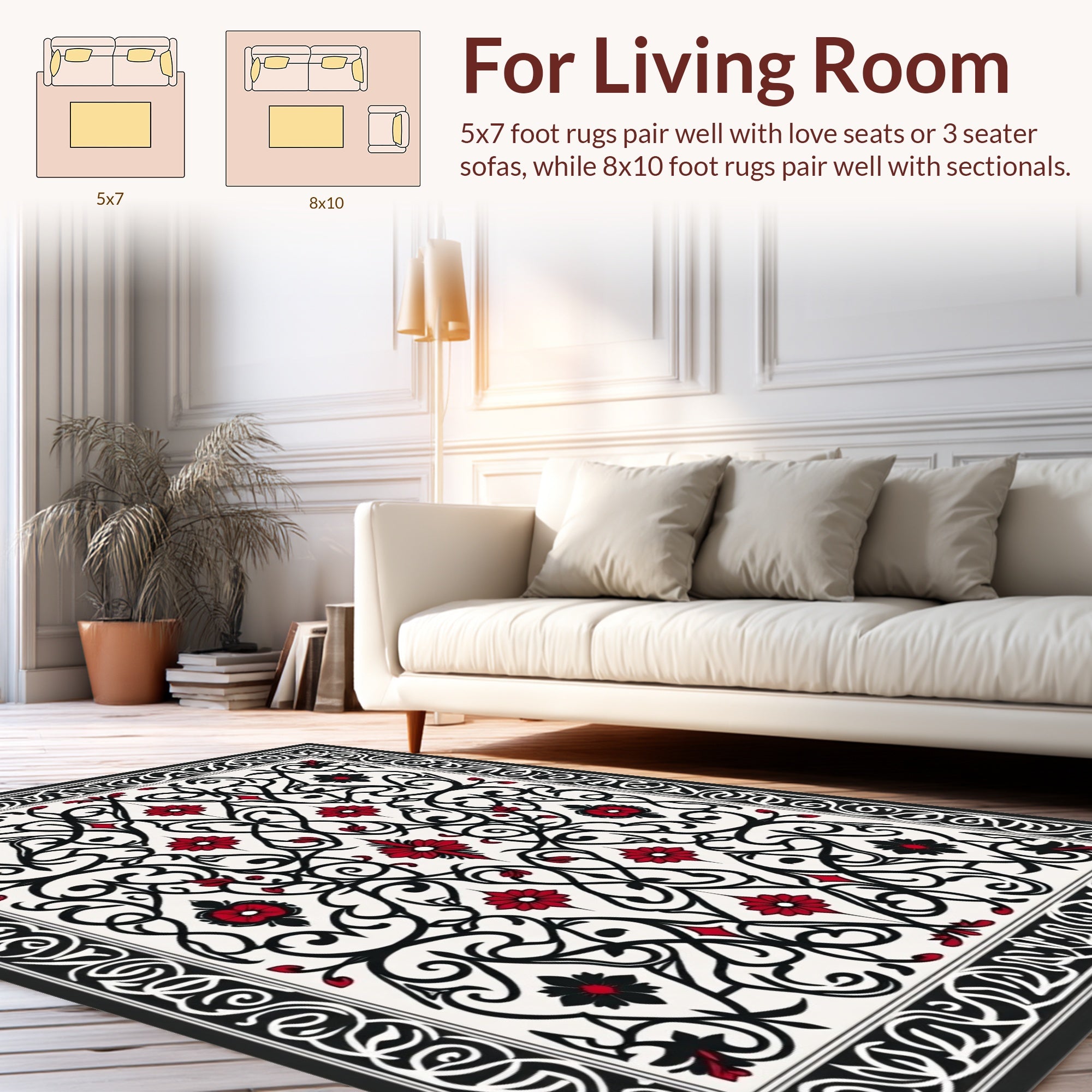 Black Red Floral Arabesque Design Rug
