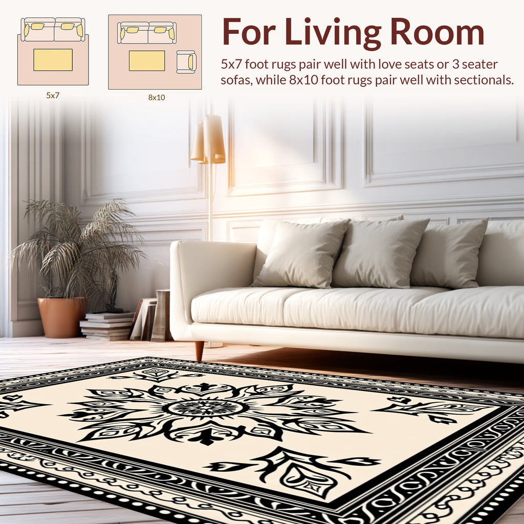 Ornamental Black White Floral Motif Rug