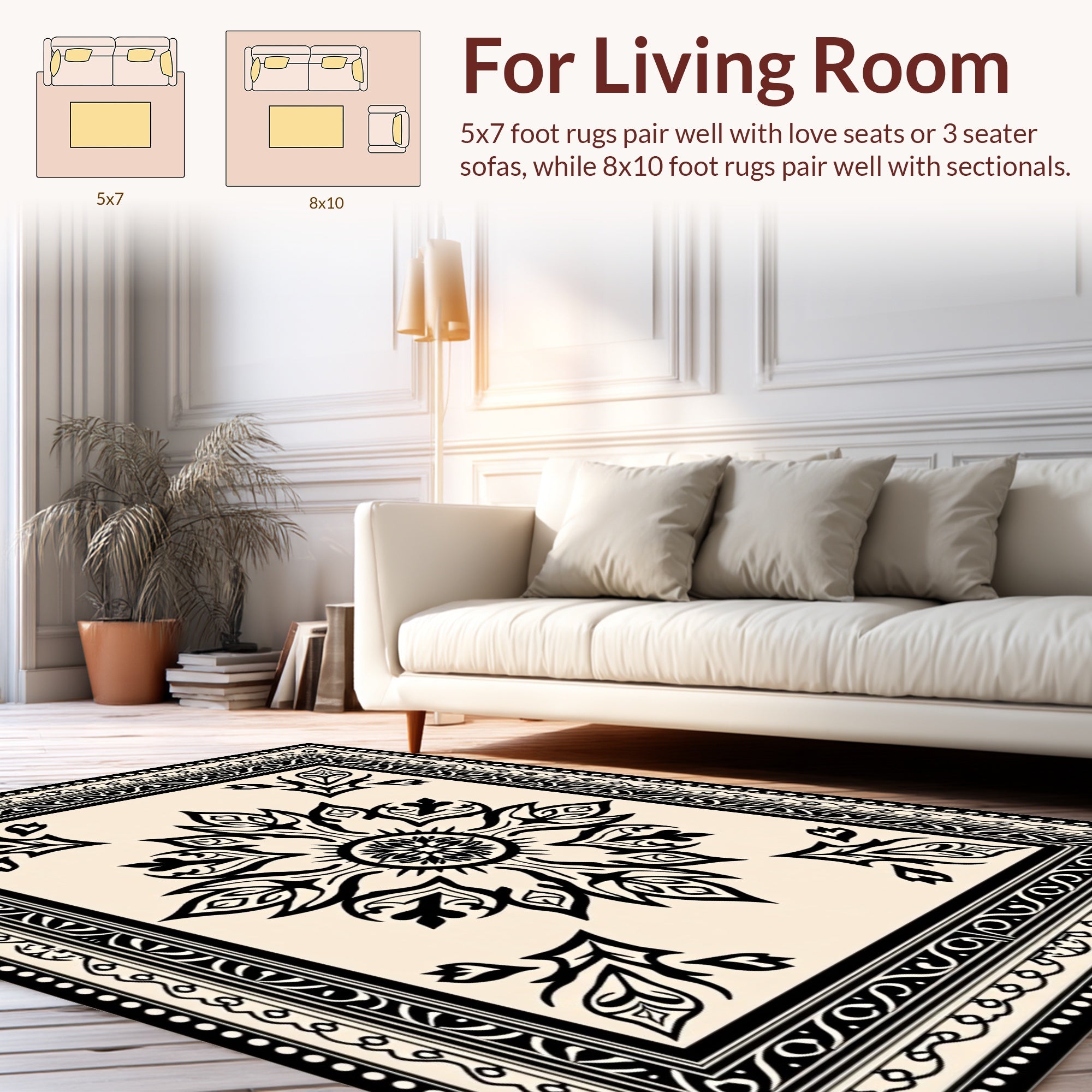 Ornamental Black White Floral Motif Rug
