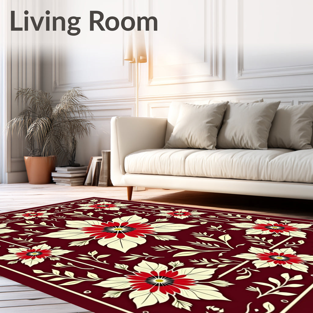 Crimson White Floral Medallion Arrangement Rug