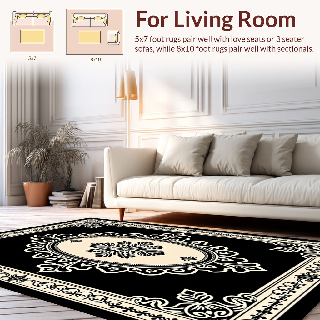 Elegant Black Cream Floral Scroll Rug