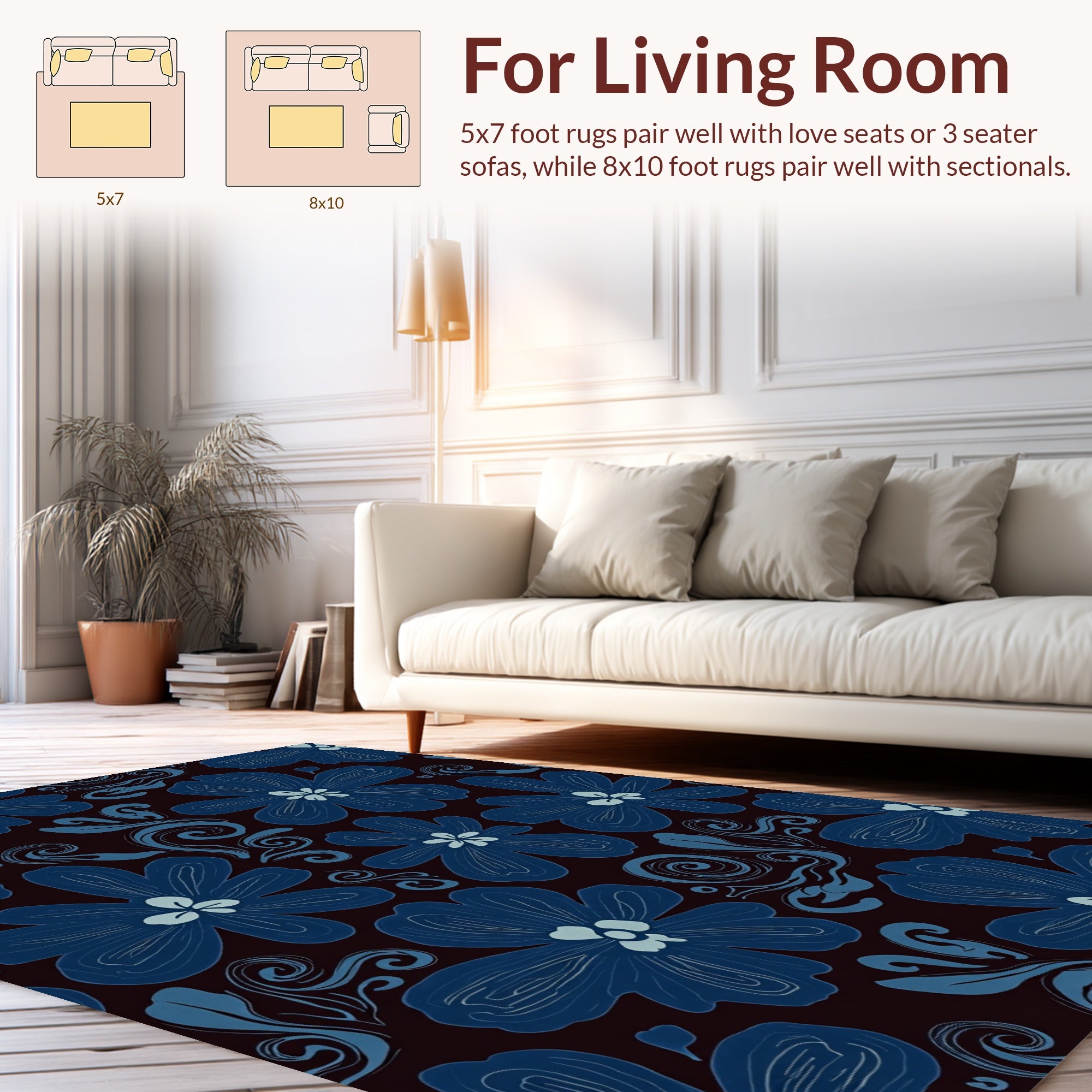 Deep Blue Floral Swirl Pattern Rug