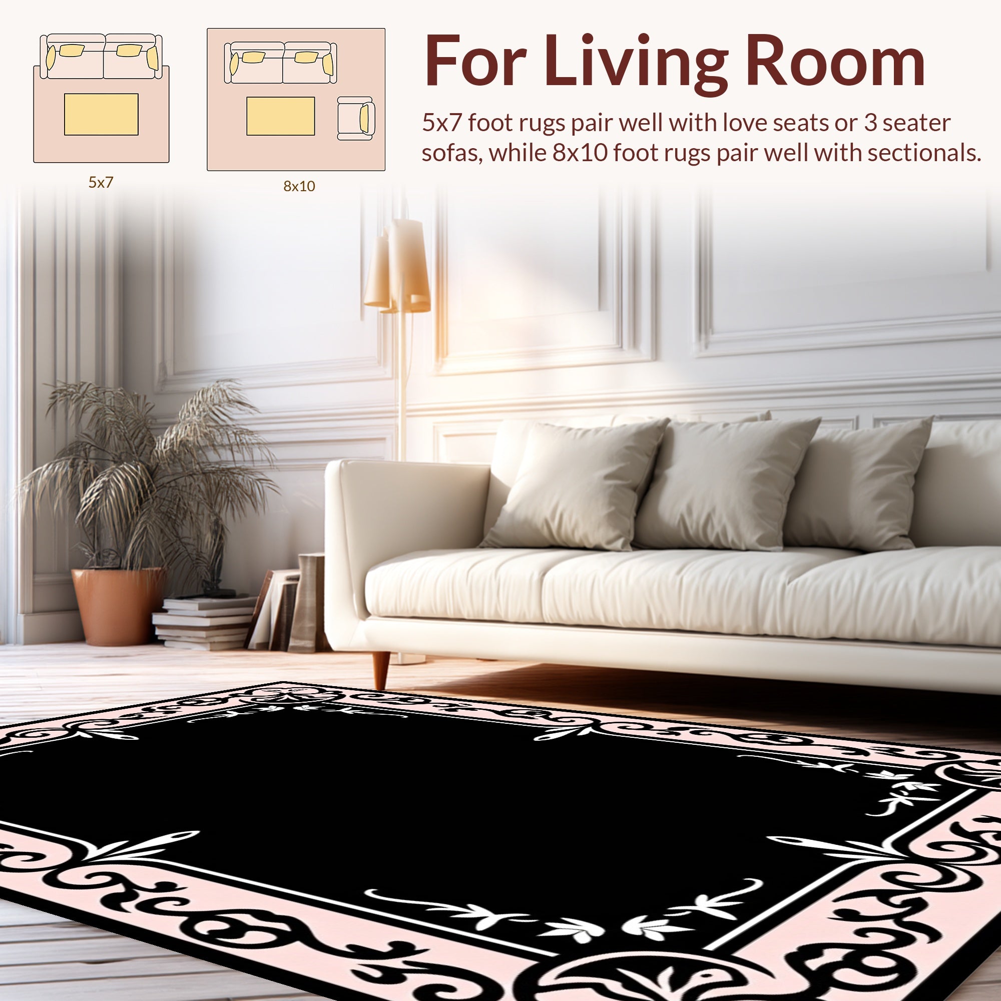 Delicate Floral Scrollwork Framed Rug