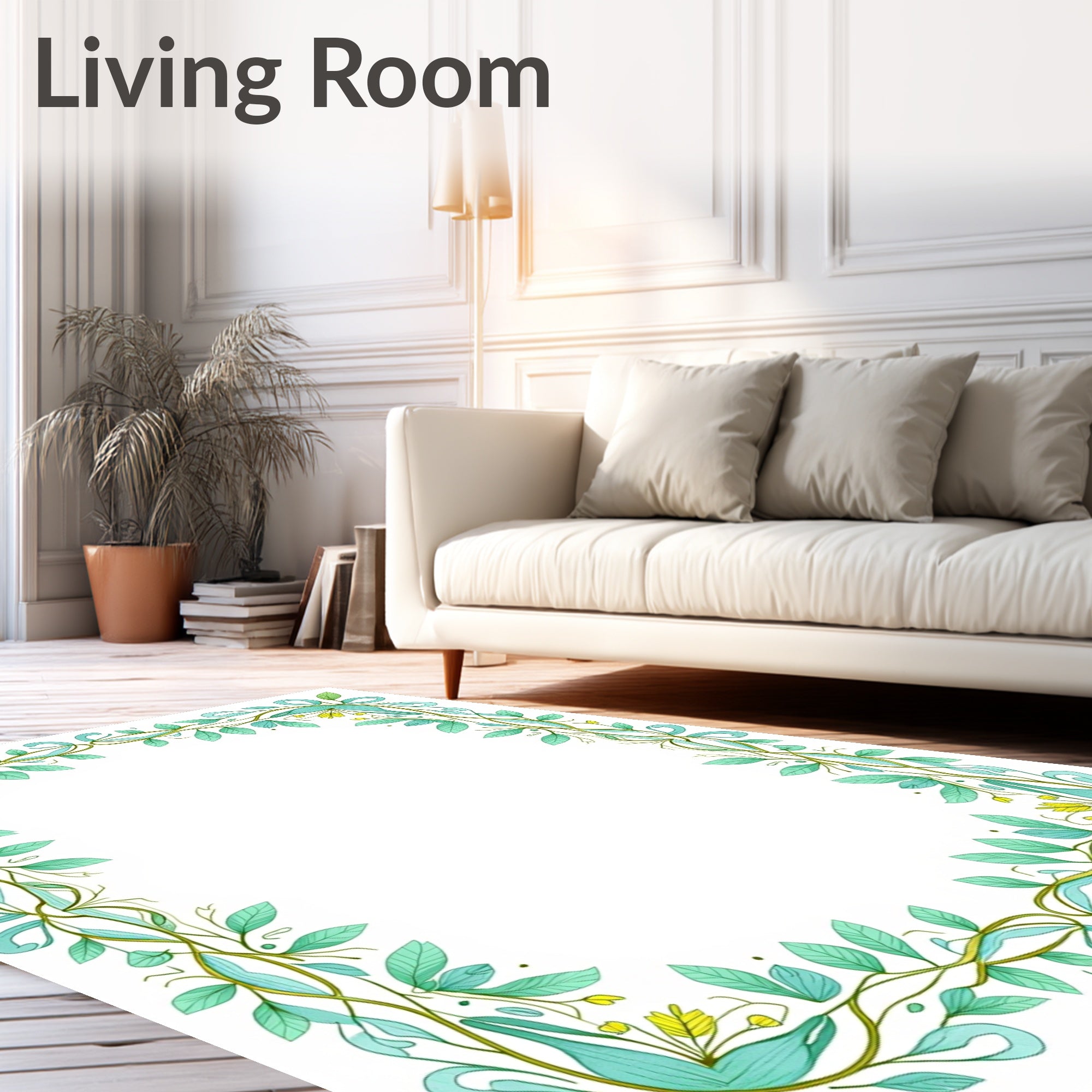 Delicate Leafy Floral Swirl Frame Rug