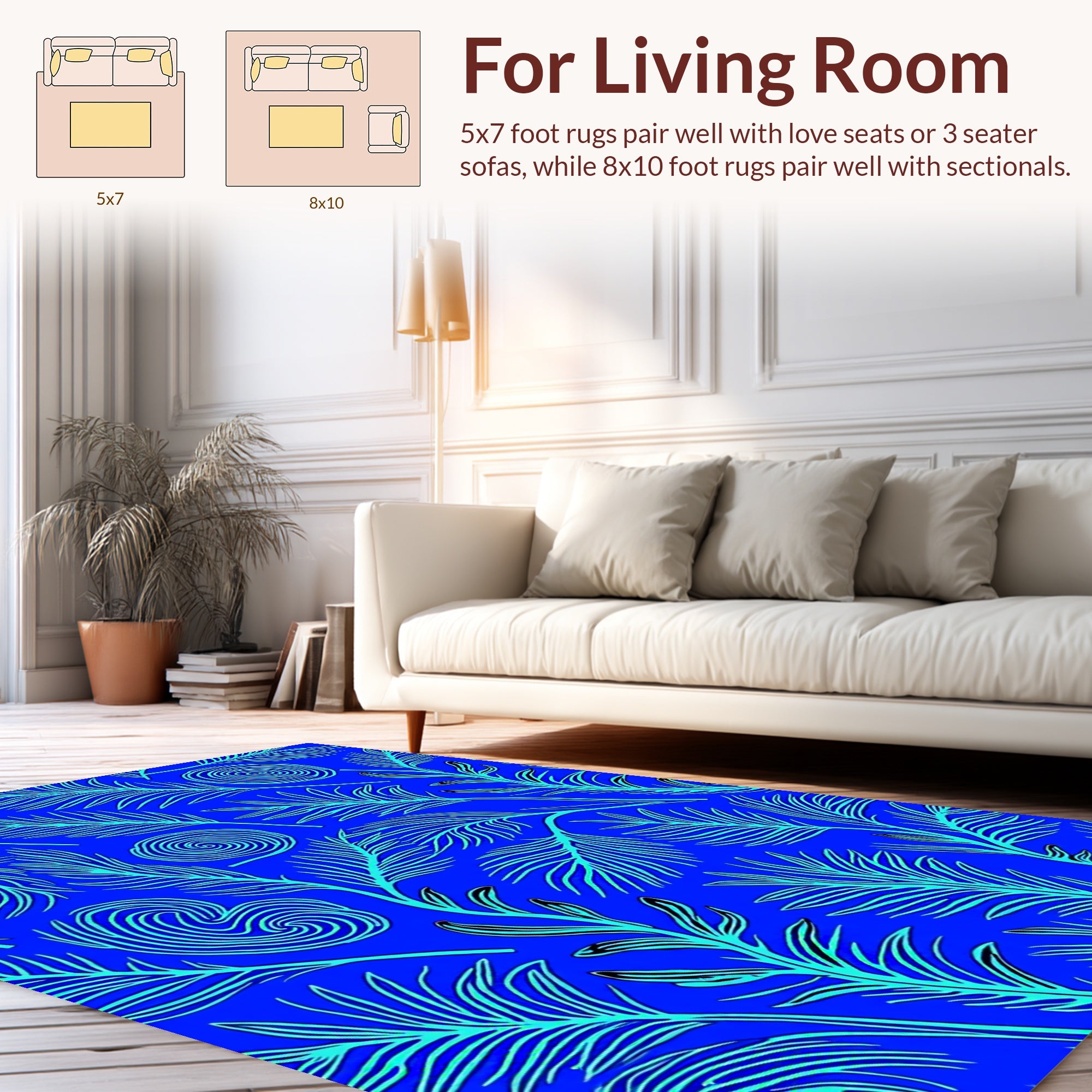 Vibrant Blue Palm Frond Swirl Rug