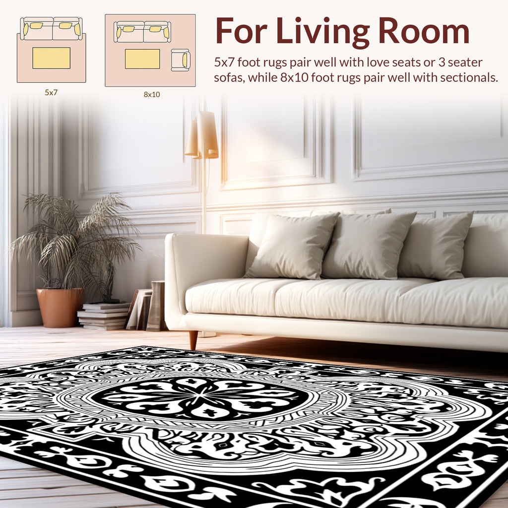 Intricate Black and White Medallion Design Rug