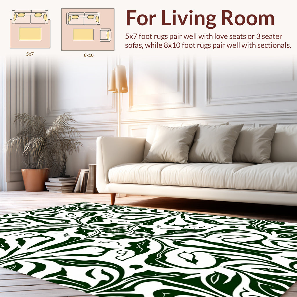 Dark Green Swirl Floral Pattern Rug