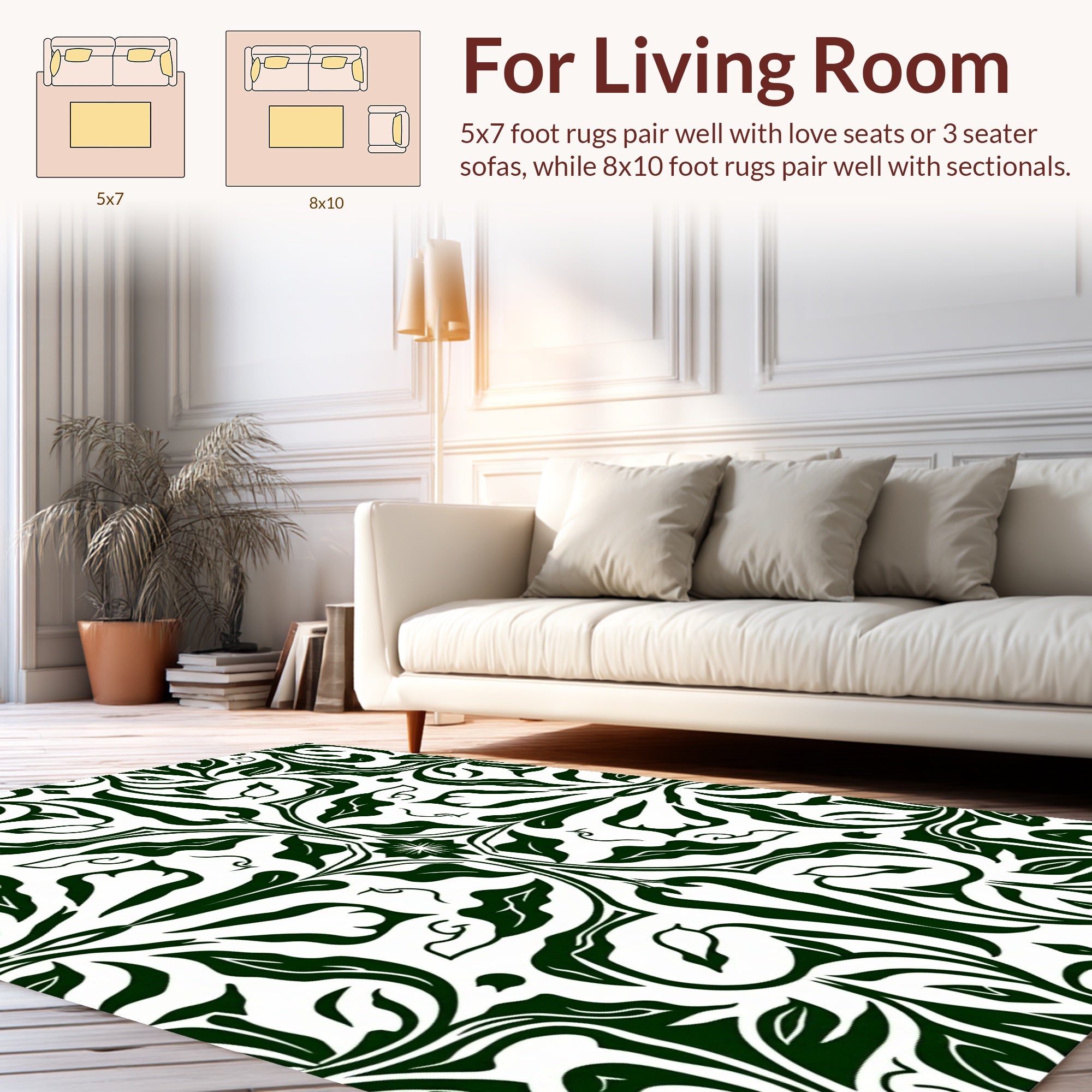 Dark Green Swirl Floral Pattern Rug
