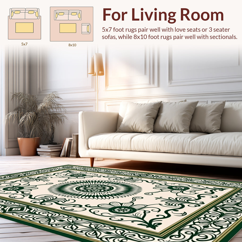 Dark Green Floral Medallion Intricate Design Rug