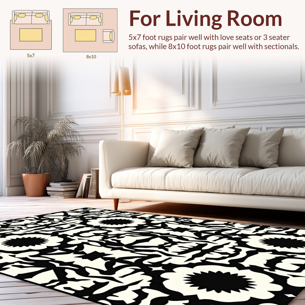 Bold Black White Floral Pattern Rug