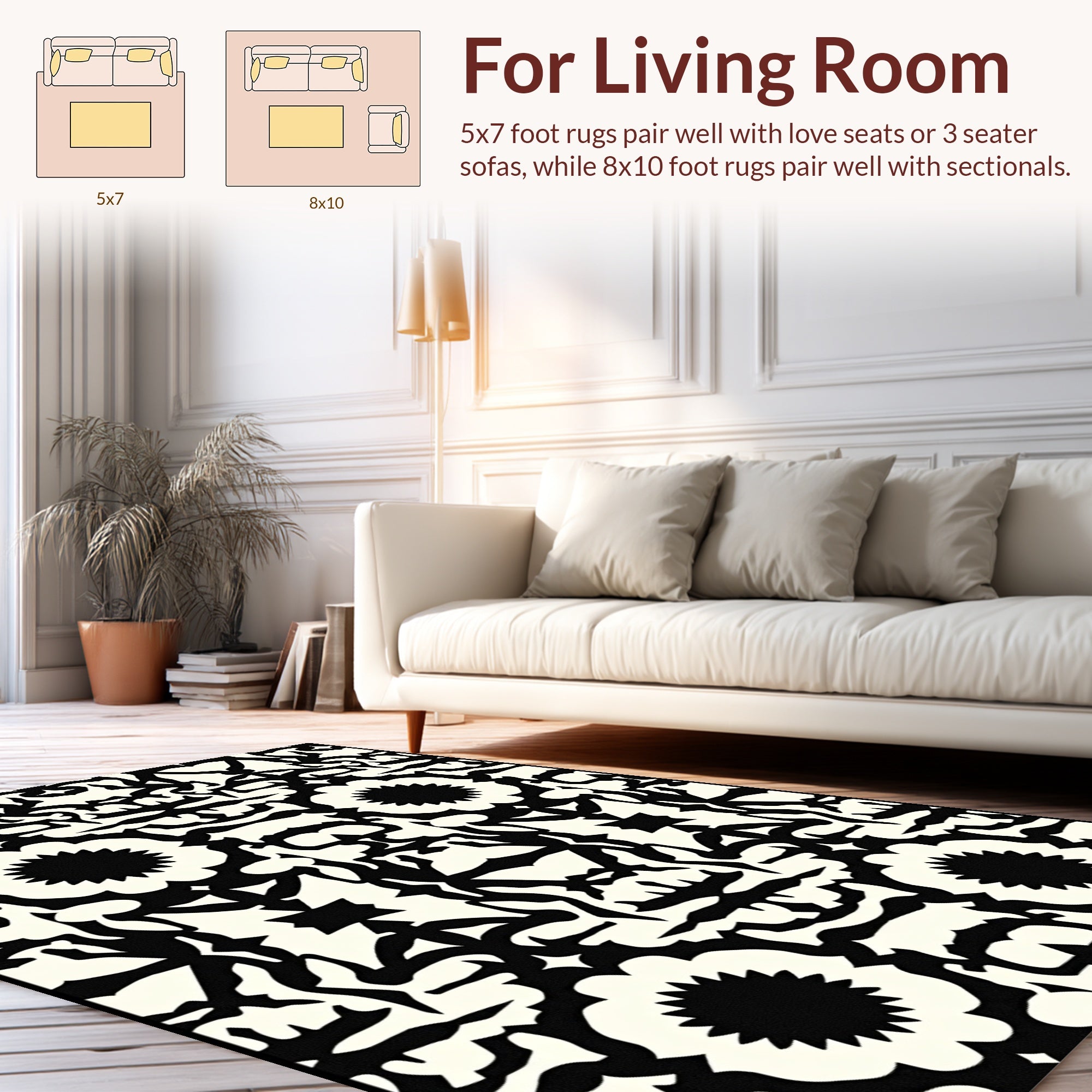Bold Black White Floral Pattern Rug