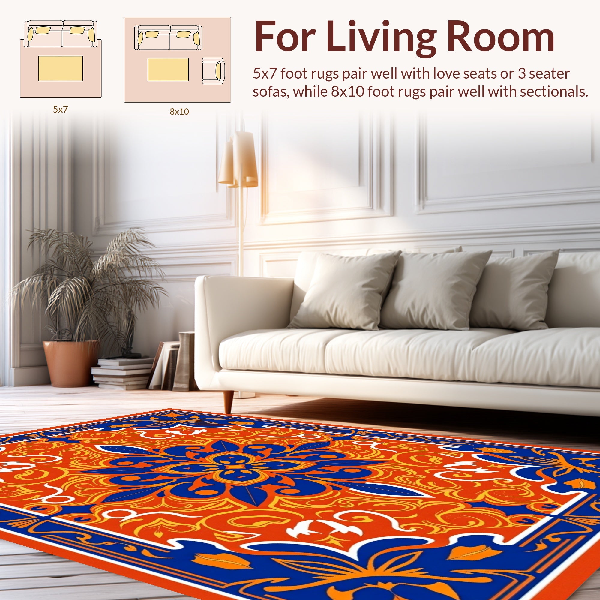 Vibrant Orange Blue Floral Medallion Rug
