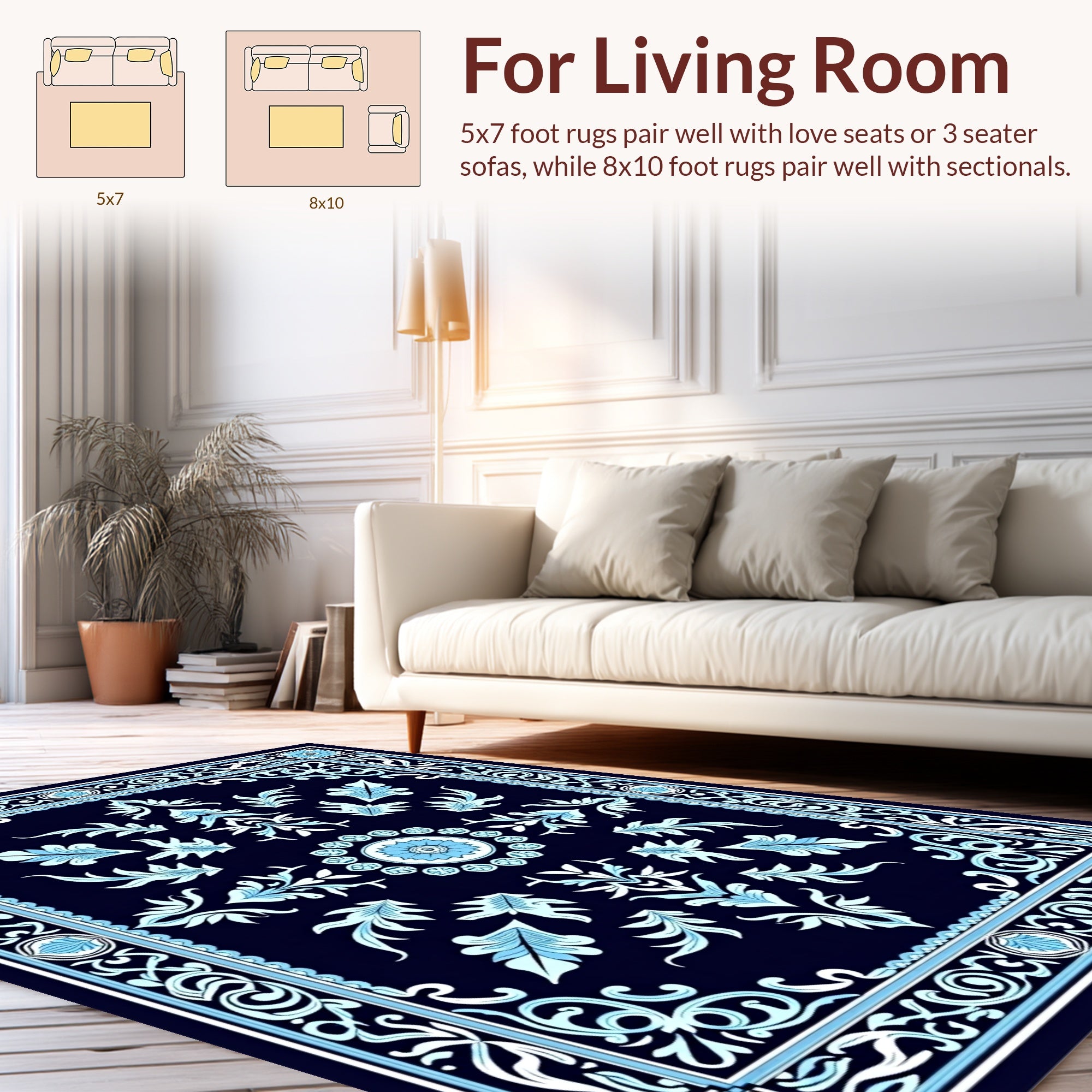 Classic Floral Scrollwork Dark Blue Rug