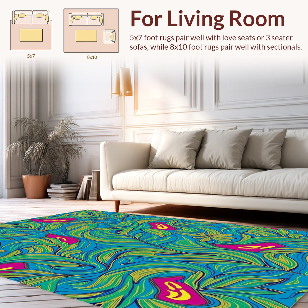 Vibrant Aqua Floral Leaf Pattern Rug