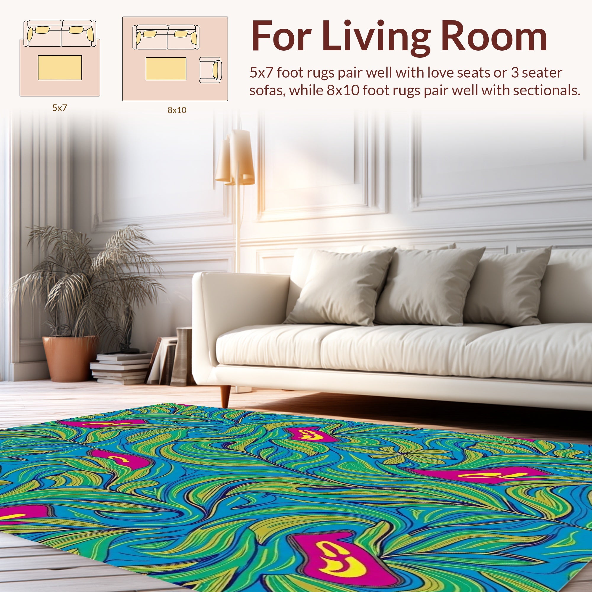 Vibrant Aqua Floral Leaf Pattern Rug